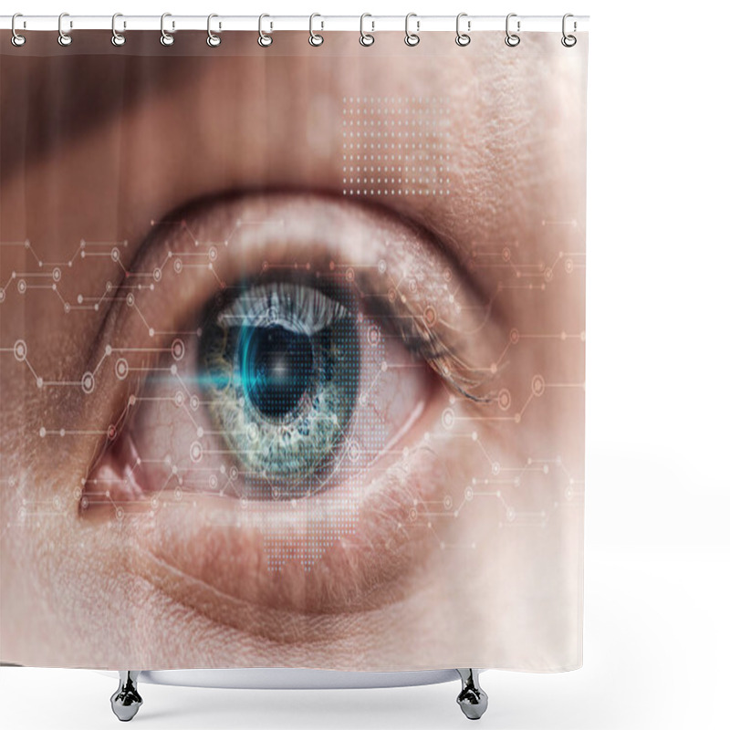 Personality  Close Up View Of Human Green Eye With Data Illustration, Robotic Concept Shower Curtains