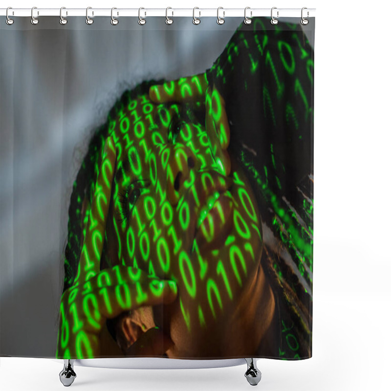 Personality  Low Angle View Of African American Woman With Projection Of Binary Code Touching Face On Grey Background  Shower Curtains