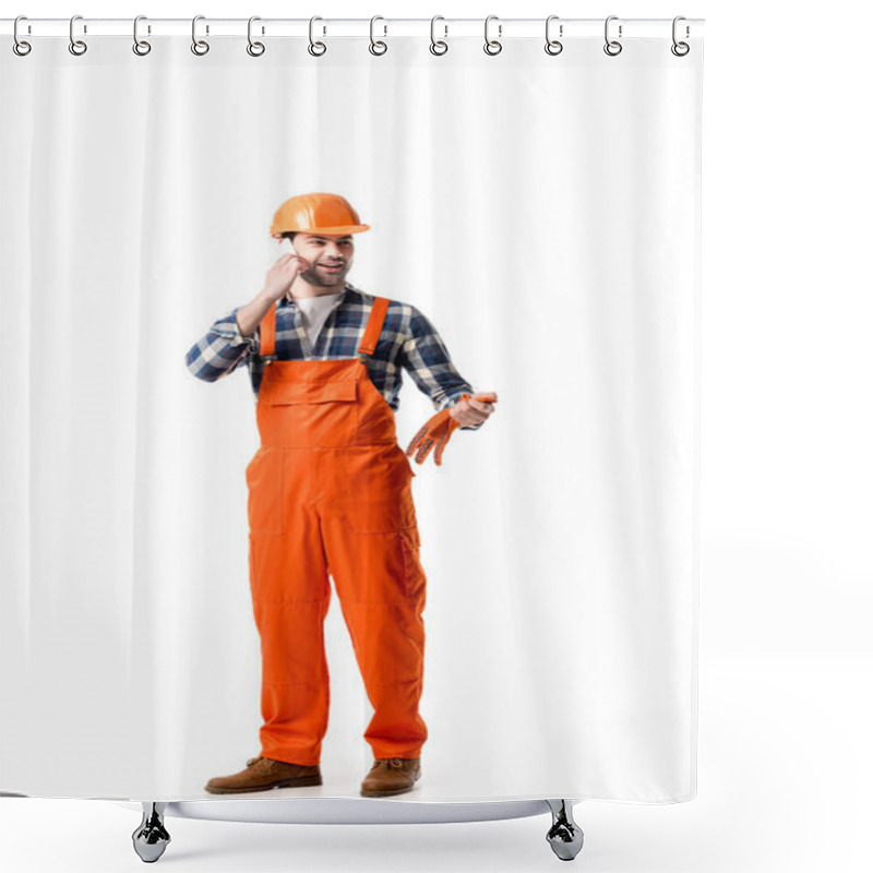 Personality  Young Repairman In Orange Overall And Hard Hat Talking On The Phone Isolated On White Shower Curtains