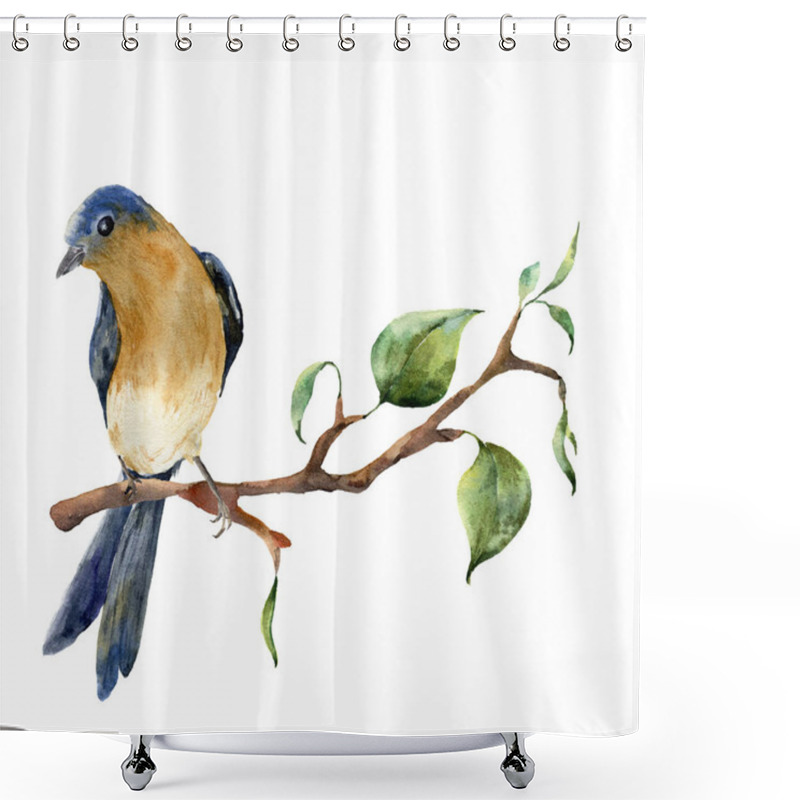 Personality  Watercolor Bird Sitting On Tree Branch With Leaves. Hand Painted Spring Illustration With Robin Redbreast Isolated On White Background. Nature Print For Design. Shower Curtains