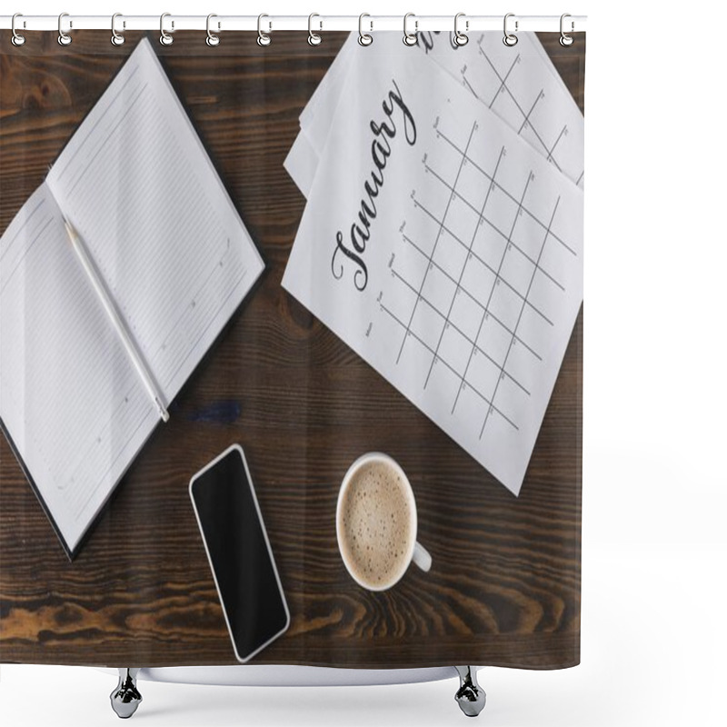 Personality  Flat Lay With Empty Notebook, Calendar, Pencil And Smartphone On Wooden Surface Shower Curtains