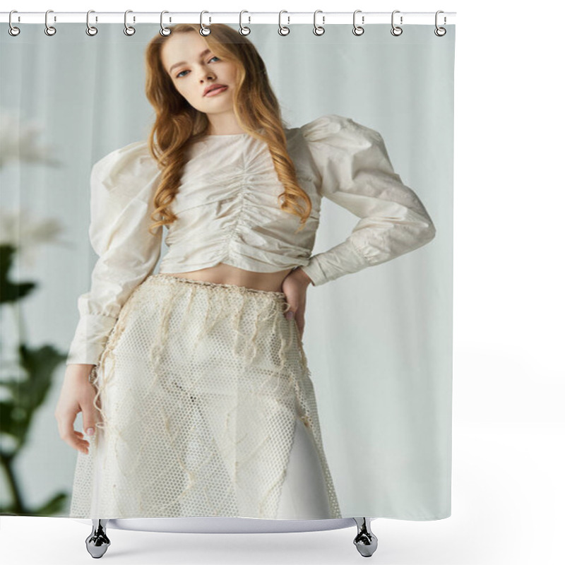 Personality  Appealing Young Woman Poses Gracefully Among Blooming Flowers. Shower Curtains