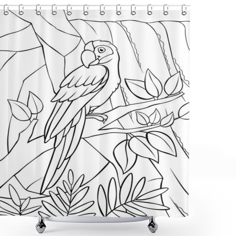 Personality  Coloring Page. Cute Parrot Green Macaw Sits On The Tree Branch And Smiles. There Is Waterfall In The Background. Shower Curtains