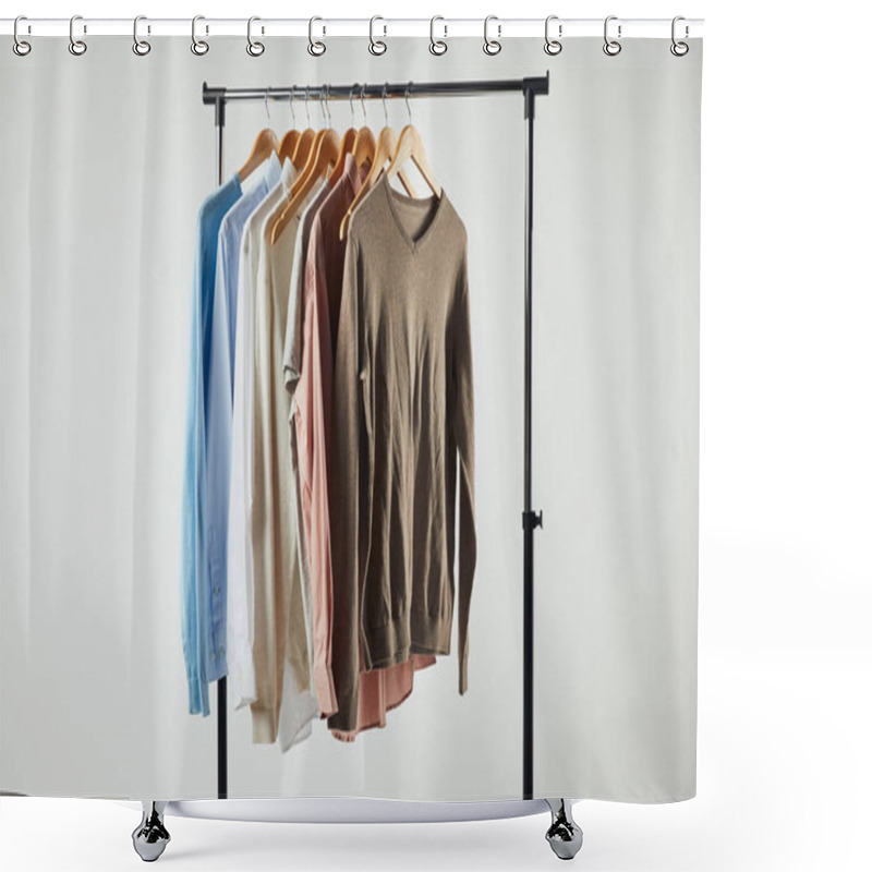 Personality  Straight Rack, Wooden Hangers And Male Clothes Isolated On Grey Shower Curtains