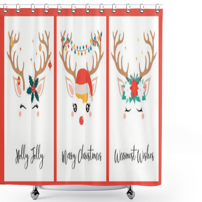 Personality  Collection Of Christmas Cards With Different Cute Reindeer Faces, In Santa Claus Hat, Flower Wreath, Text. Hand Drawn Vector Illustration. Concept Holiday Print Shower Curtains