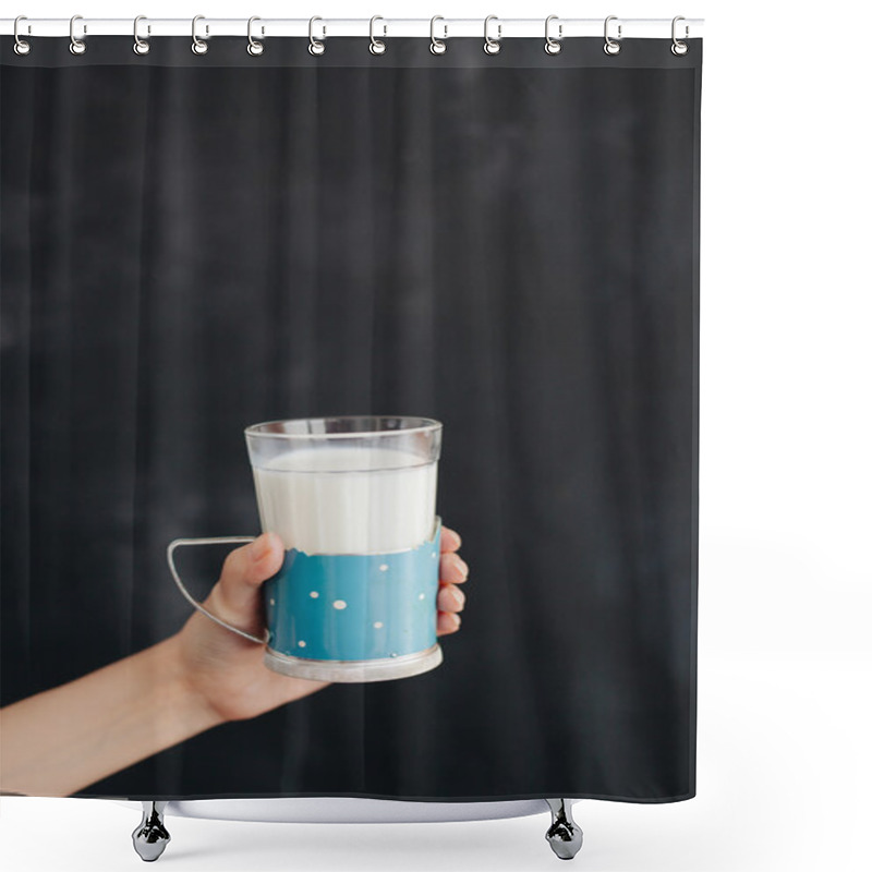 Personality  Woman Hand Keeps The Glass With Milk On Black Background Shower Curtains