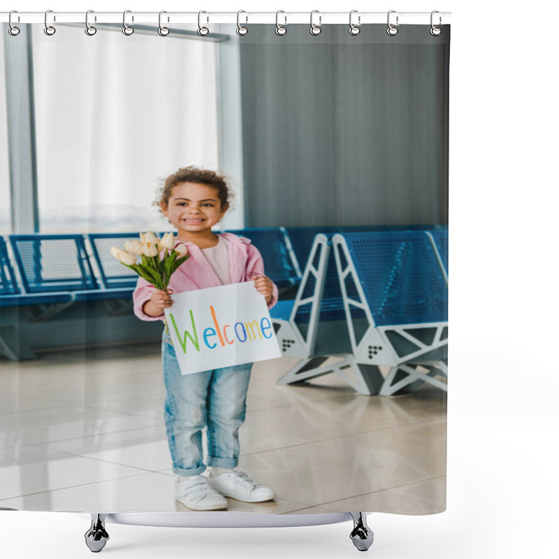 Personality  Happy African American Kid Standing In Waiting Hall In Airport And Holding Tulips And Placard With Welcome Lettering Shower Curtains