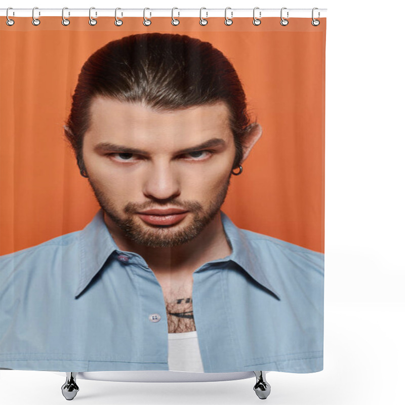 Personality  Stylish Caucasian Man With A Beard Wearing A Trendy Blue Shirt. Shower Curtains