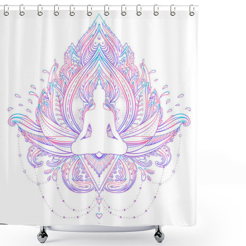 Personality  Sitting Buddha Silhouette Over Ornamental Lotus Flower. Esoteric Shower Curtains