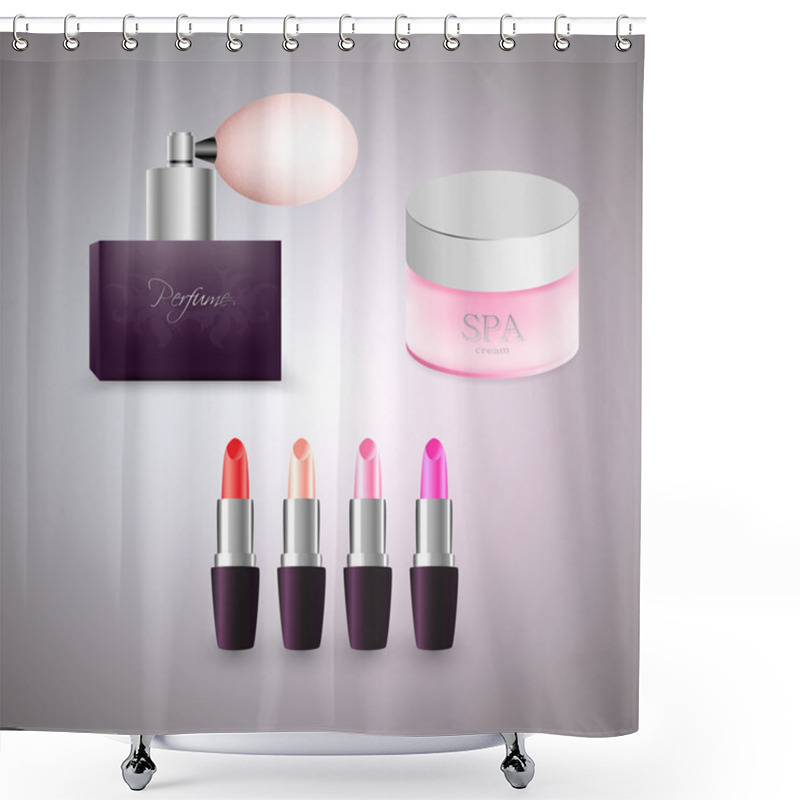 Personality  Perfume, Cream And Lipsticks. Vector Illustration. Shower Curtains