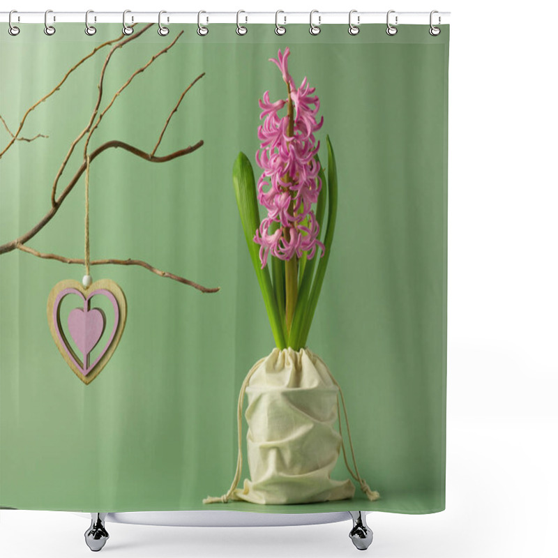 Personality  Trendy Composition With Pink Hyacinth And Wooden Heart On A Branch On A Green Background. Springtime Concept. Women's Day, Valentine's Day. Greeting Card. Copy Space.  Shower Curtains