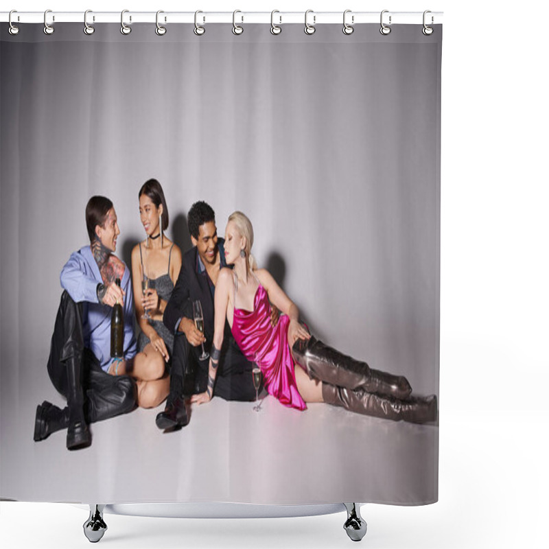 Personality  Positive Multiethnic Friends Holding Champagne Glasses And Bottle During Party, New Year 2024 Shower Curtains