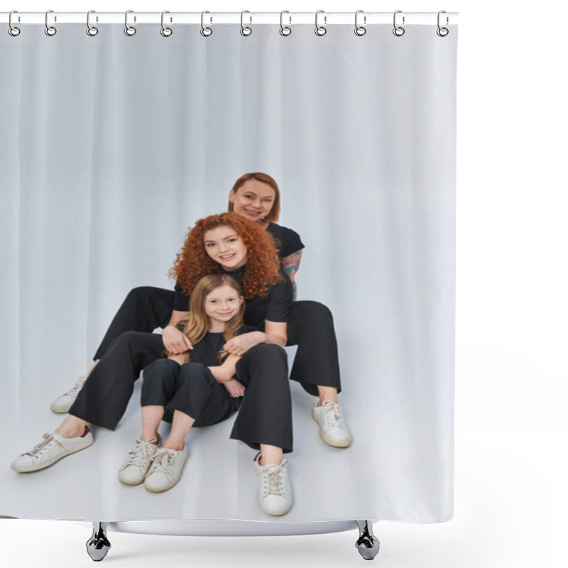 Personality  Redhead Family In Matching Outfits Hugging And Sitting Together On Grey Backdrop, Three Generations Shower Curtains