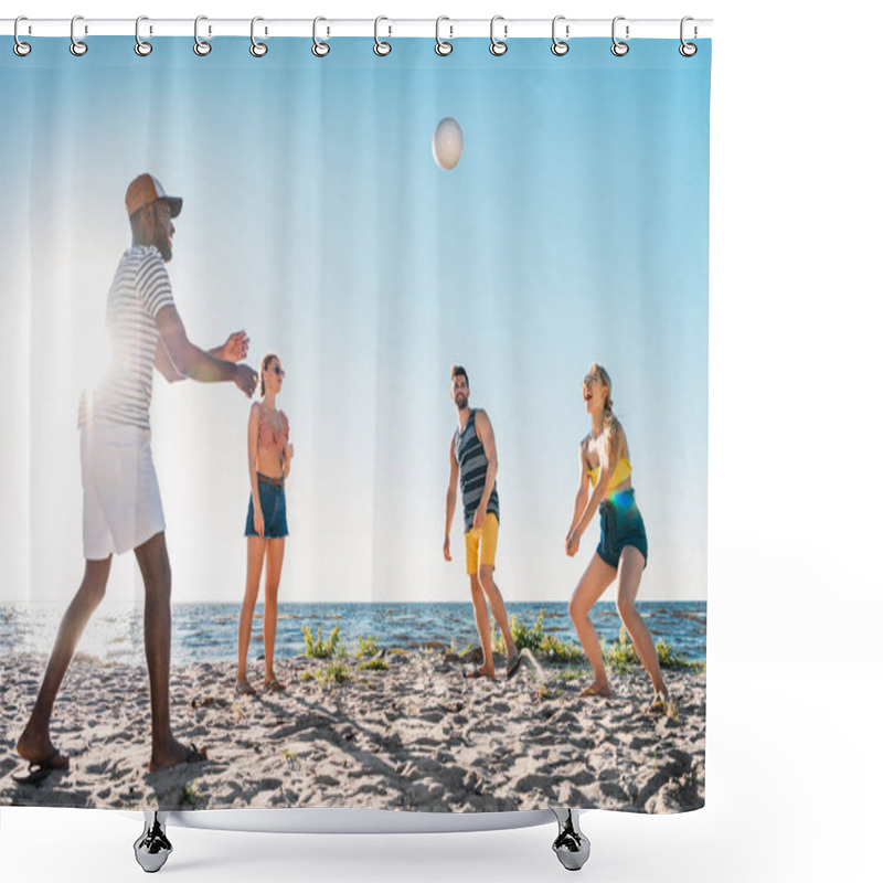 Personality  Happy Young Multiethnic Friends Playing Volleyball On Sandy Beach  Shower Curtains