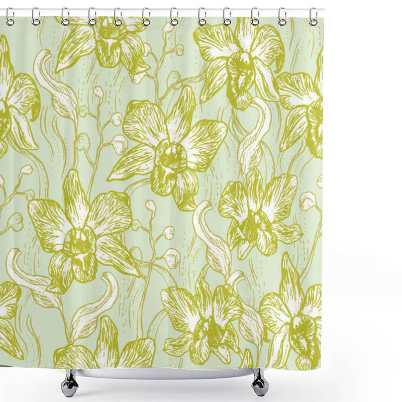 Personality  Beautiful Orchid. Hand Drawn Set On Light Blue Background Olive Green Pink White Contour Sketch Seamless Pattern, Card Banner Design. Vector Illustration Shower Curtains