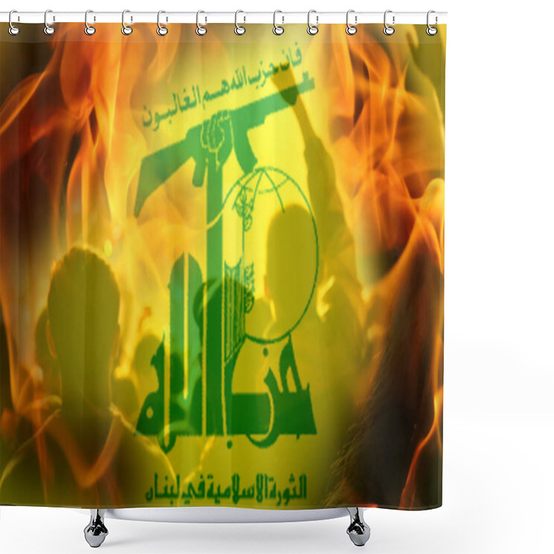 Personality  Flag Of Hezbollah On The People Protest Background. War Or Protests In Lebanon, Beirut, Palestine. Fire, Flame, Hell. Shower Curtains