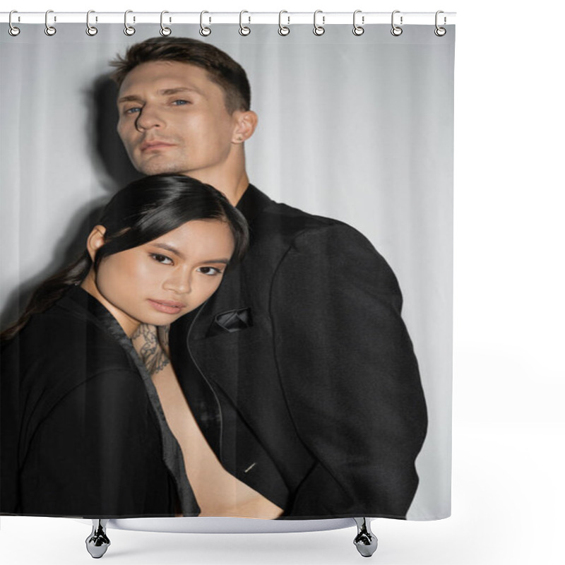 Personality  Trendy Multiethnic Couple In Black Elegant Blazers Looking At Camera On Grey Background Shower Curtains