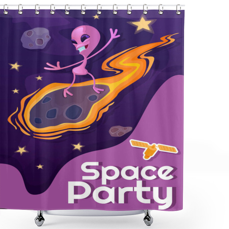 Personality  Space Party Poster Flat Vector Template. Smiling Martian, Extraterrestrial On Meteorite. Brochure, Booklet One Page Concept Design With Cartoon Characters. Stylized Party Flyer, Leaflet Shower Curtains