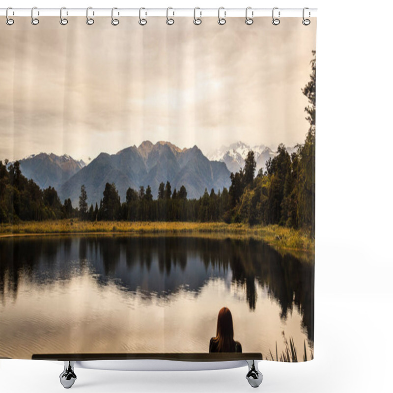 Personality  Panoramic Twilight View Of Beautifully Romantic Lake Matheson Landscape Scenery, South Island, New Zealand. Shower Curtains