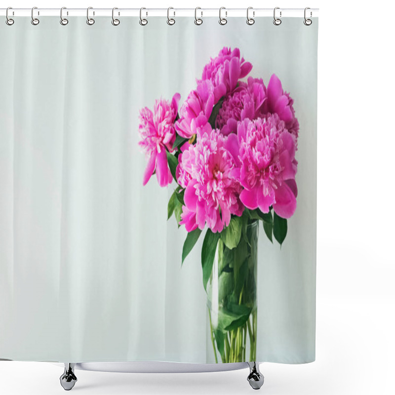 Personality  Pink Peonies In Glass Vase Near The White Wall With Copy Space Shower Curtains