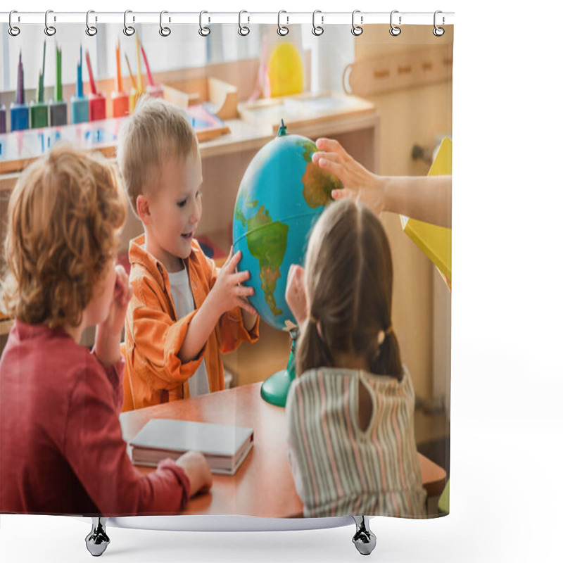 Personality  Amazed Boy Looking At Globe Near Blurred Teacher And Kids In Montessori School Shower Curtains