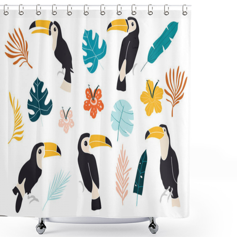 Personality  Vector Set Of Toucan Birds On Tropical Branches With Leaves And Flowers. Vector Set Of Tropical Leaves. Palm, Monstera, Banana Leaf, Hibiscus, Plumeria Flowers. Shower Curtains