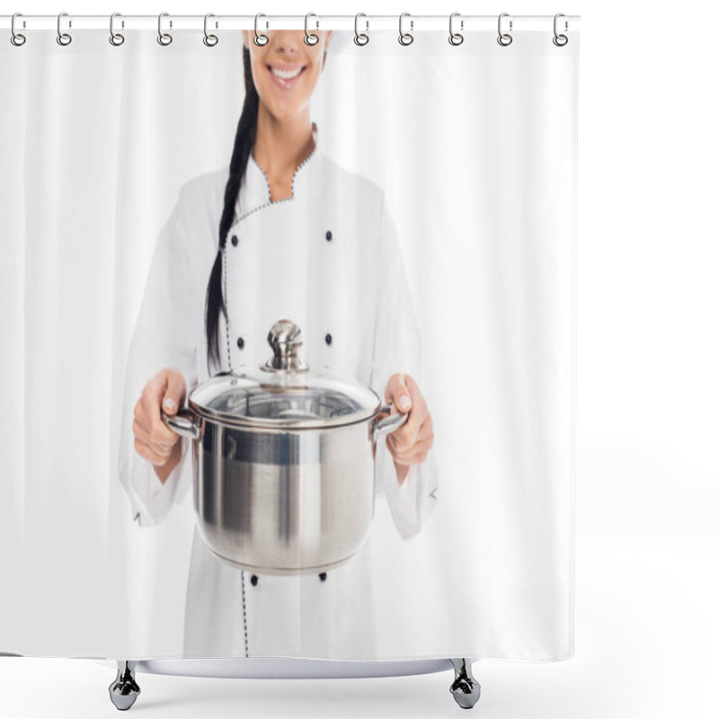 Personality  Partial View Of Smiling Chef In Uniform Holding Steel Pot Isolated On White Shower Curtains