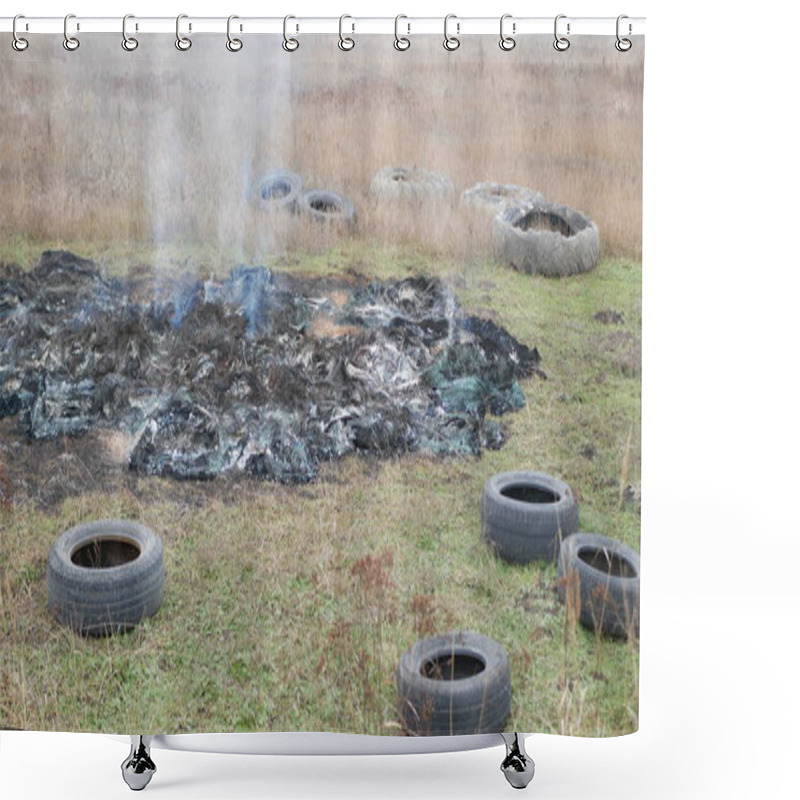 Personality  Used Tires Lie Around A Fire In Which Rubber Is Burned Shower Curtains