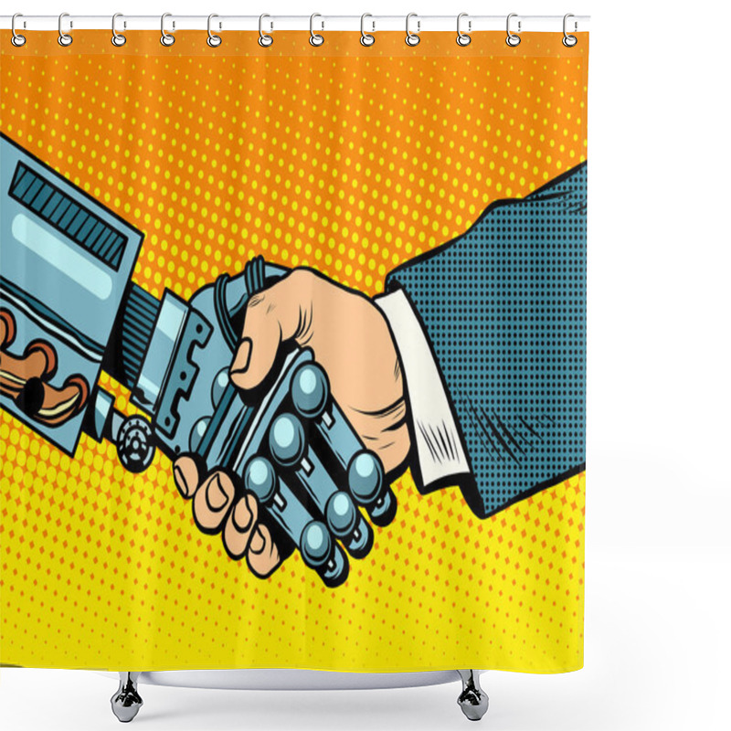 Personality  Handshake Of Robot And Man. New Technologies Evolution Shower Curtains