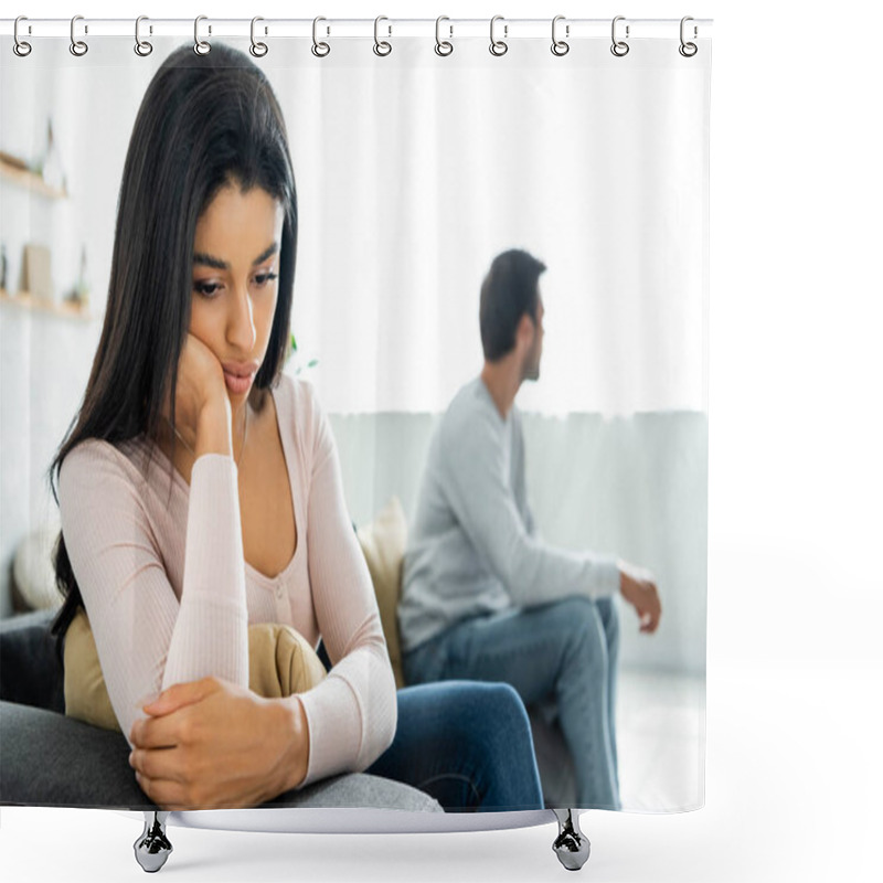 Personality  Selective Focus Of Sad African American Woman Sitting On Sofa  Shower Curtains