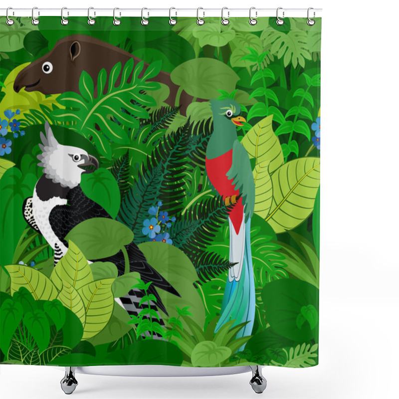 Personality  Seamless Vector Tropical Rainforest Jungle Background With Kids Animals Shower Curtains