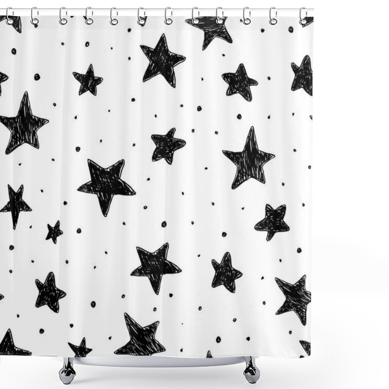 Personality  Beautiful Monohrome Black And White Seamless Sky Pattern With Textured Stars, Hand Drawn. Shower Curtains