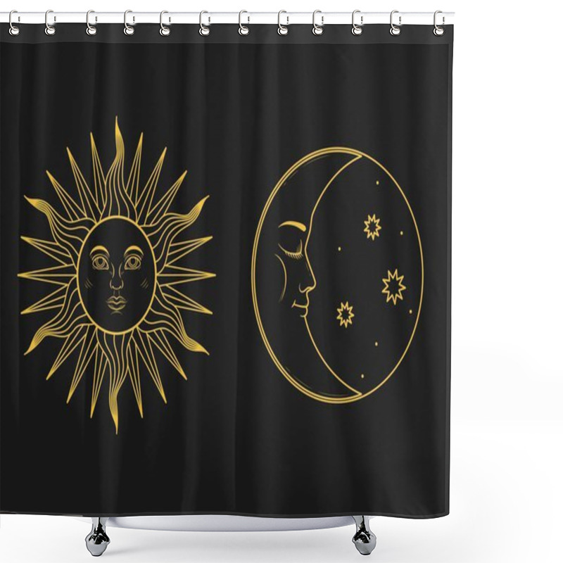 Personality  The Mystical Symbols - Moon And Sun With Faces In Retro Style. Vector Illustration Shower Curtains