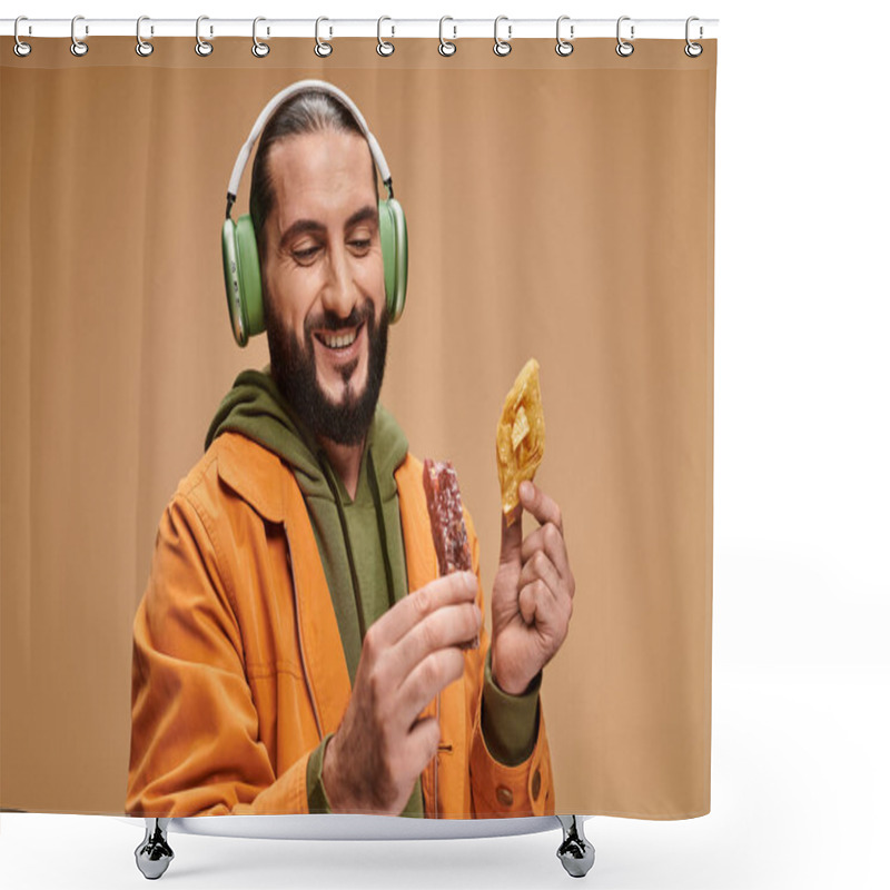 Personality  Happy Man In Headphones Holding Two Middle Eastern Desserts, Honey Baklava And Churchkhela Shower Curtains