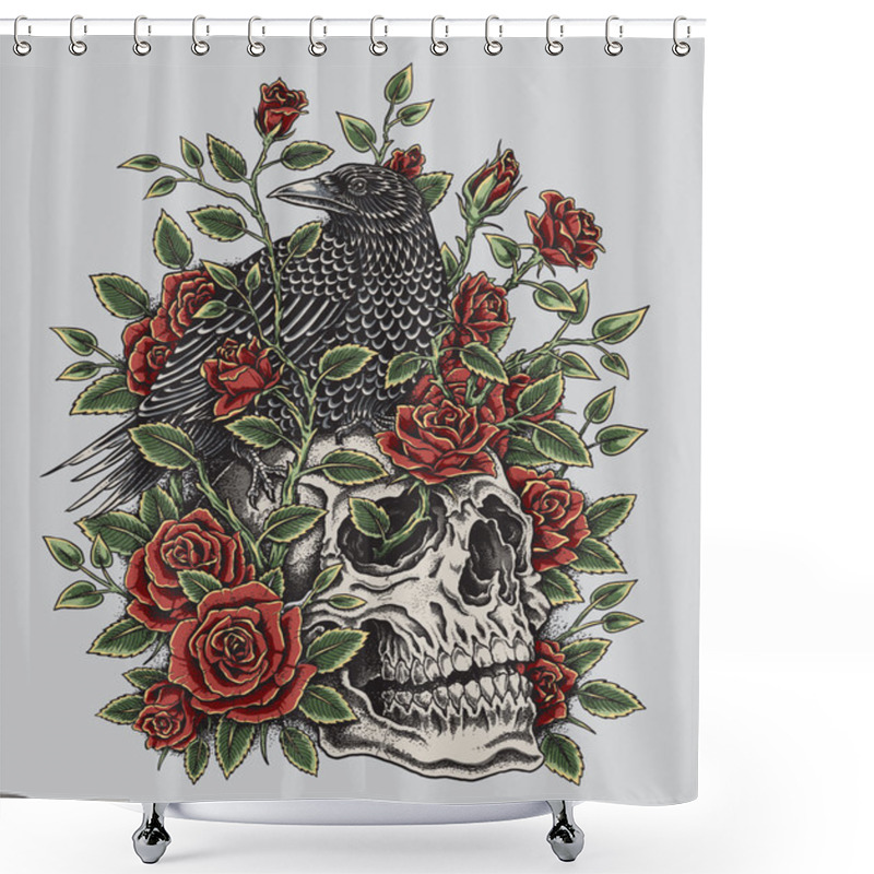 Personality  Crow, Roses And Skull Tattoo Design Shower Curtains