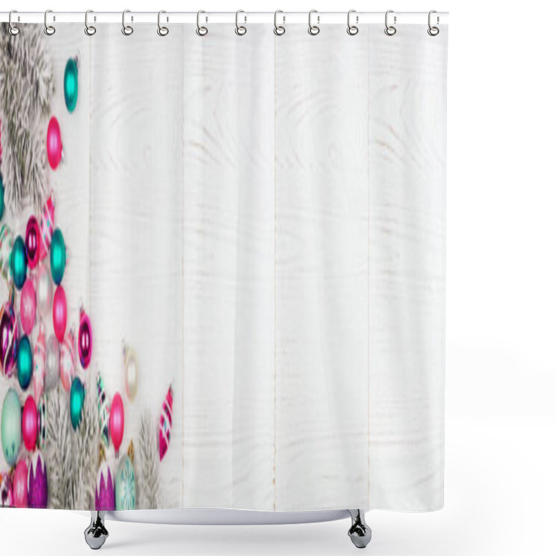 Personality  Christmas Corner Border Banner With Pink, Purple And Teal Baubles And Tree Branches. Above View On A White Wood Background. Shower Curtains