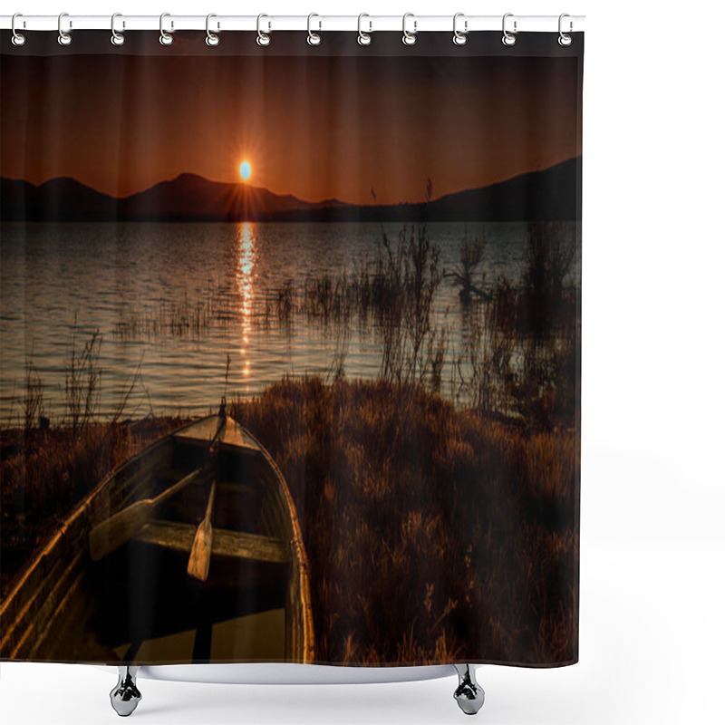 Personality  Picturesque Sunset Over A Spring Lake With An Old Boat With Oars And A Cloudless Sky In The Background, Poland Shower Curtains