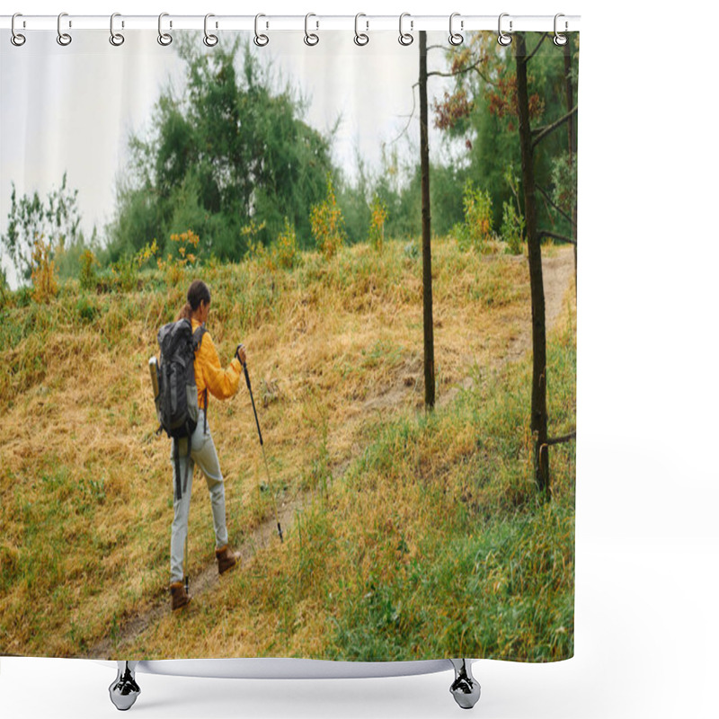 Personality  Enjoying The Crisp Autumn Air, A Young Woman Hikes Along A Forest Trail Adorned With Colorful Foliage. Shower Curtains