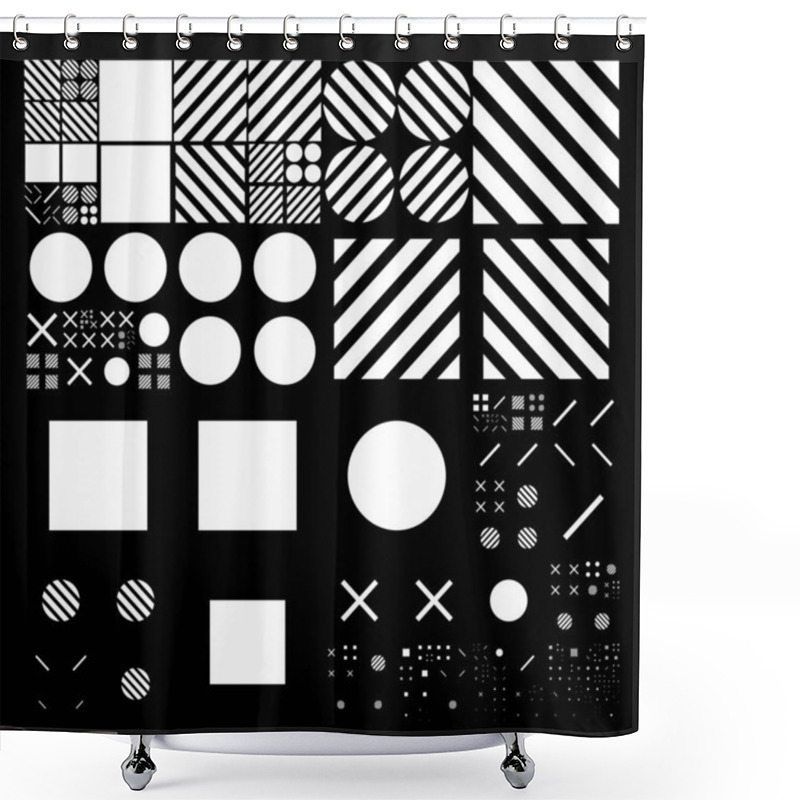 Personality  Subdivided Grid System With Symbols. Randomly Sized Objects With Fixed Space Between. Futuristic Minimalistic Layout. Conceptual Generative Background. Procedural Graphics. Creative Coding Shower Curtains