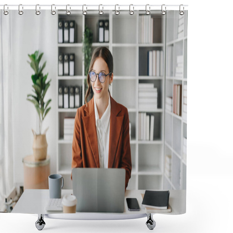 Personality  Businesswoman Using Laptop For Doing Math Finance On An Office Desk, Tax, Report, Accounting, Statistics, And Analytical Research Concept In Office Shower Curtains