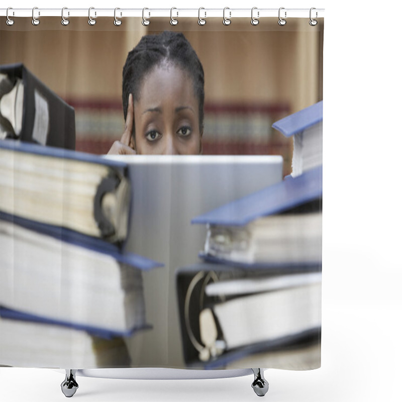 Personality  Office Worker Behind Stacks Of Documents Shower Curtains