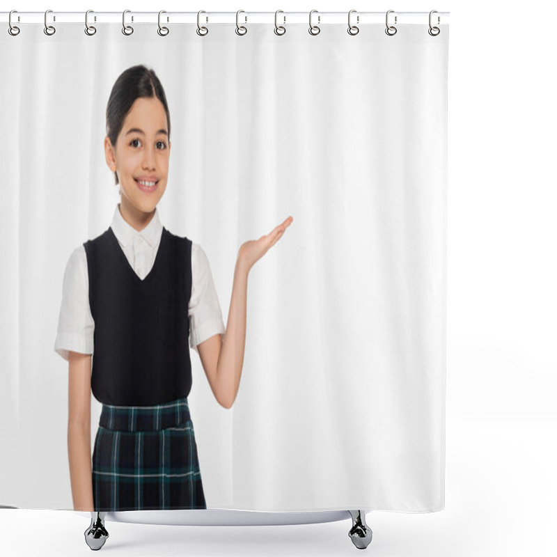 Personality  Happy Schoolgirl Showing Something With Hand, Pointing And Looking At Camera, Presenting, White Shower Curtains