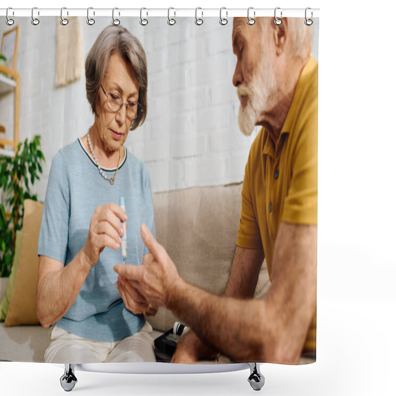 Personality  A Devoted Wife Lovingly Helps Her Husband Manage Diabetes In Their Cozy Home. Shower Curtains