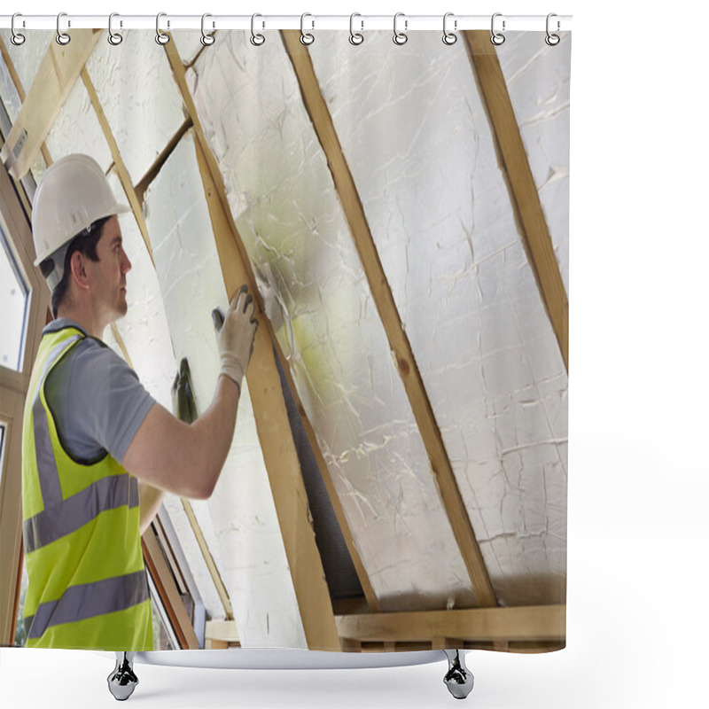 Personality  Builder Fitting Insulation Into Roof Of New Home Shower Curtains