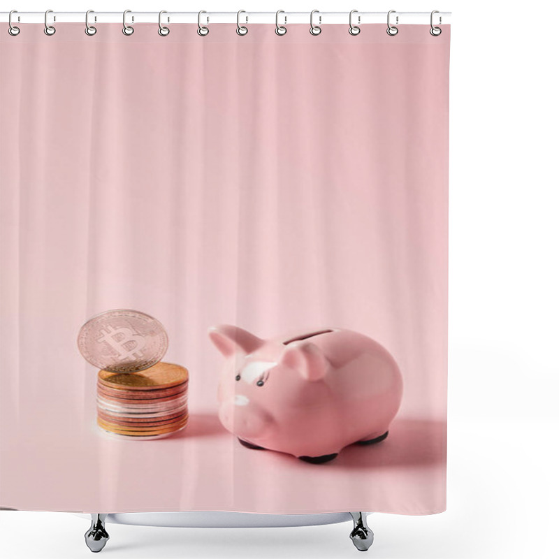 Personality  Stack Of Bitcoins And Piggy Bank On Pink Tabletop Shower Curtains