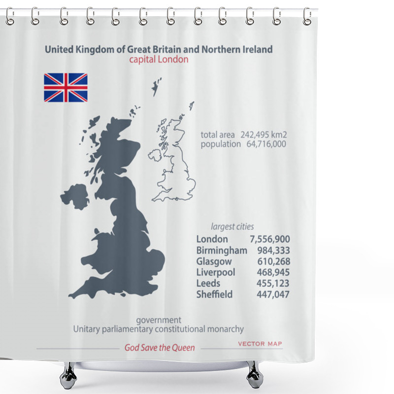 Personality  United Kingdom Of Great Britain And Northern Ireland Maps And Official Flag Icon. Vector British Political Map Icons And General Information. EU Geographic Banner Template. Business Concept Map Shower Curtains