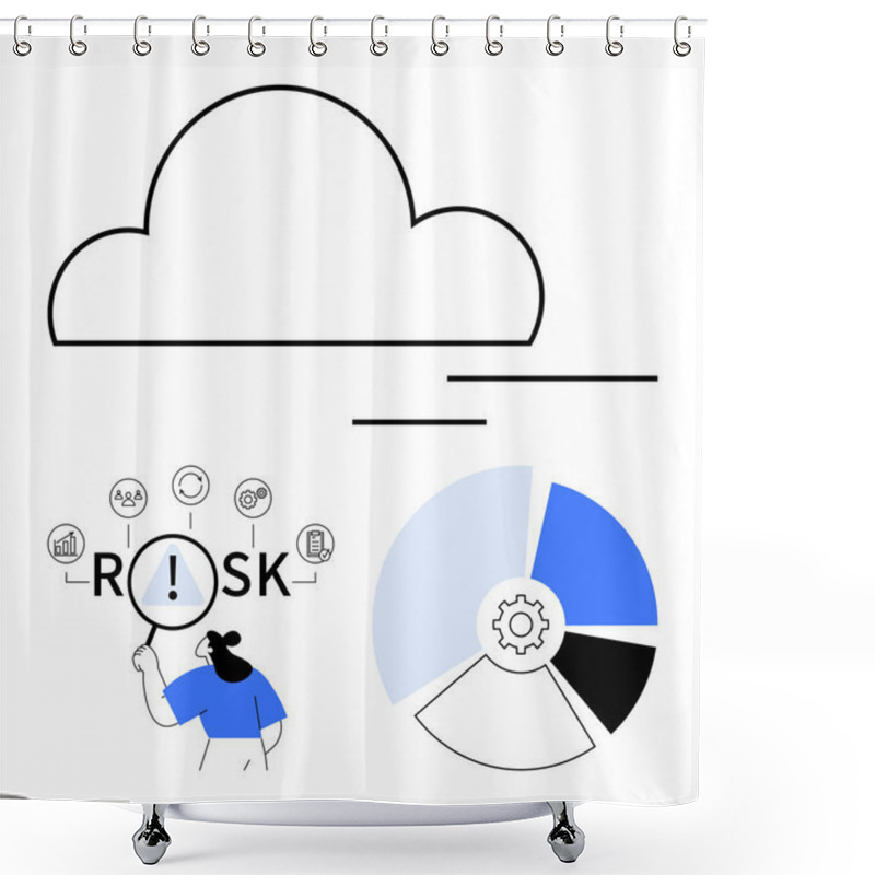 Personality  Woman Examines Risk Icons With Magnifier Under Cloud Outline. Adjacent Gear-linked Pie Chart In Blue-gray Tones. Ideal For Data Analysis, Risk Management, Tech Strategies, Innovation, Cloud Shower Curtains