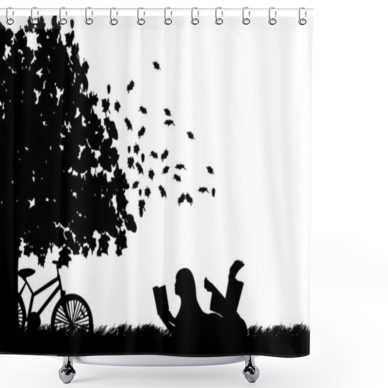 Personality  Silhouette Of Girl With Bike Reading A Book Under The Tree In Autumn Or Fall Shower Curtains