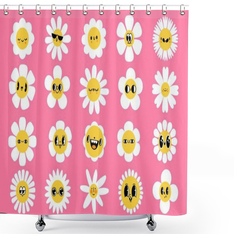 Personality  Cartoon Flowers Faces. Smiled Character With Petals, Spring Mascot Face With Eyes And Smile. Retro Groovy Facial Expressions Vector Set. Floral Elements, Happy Plants Of Different Shape Shower Curtains