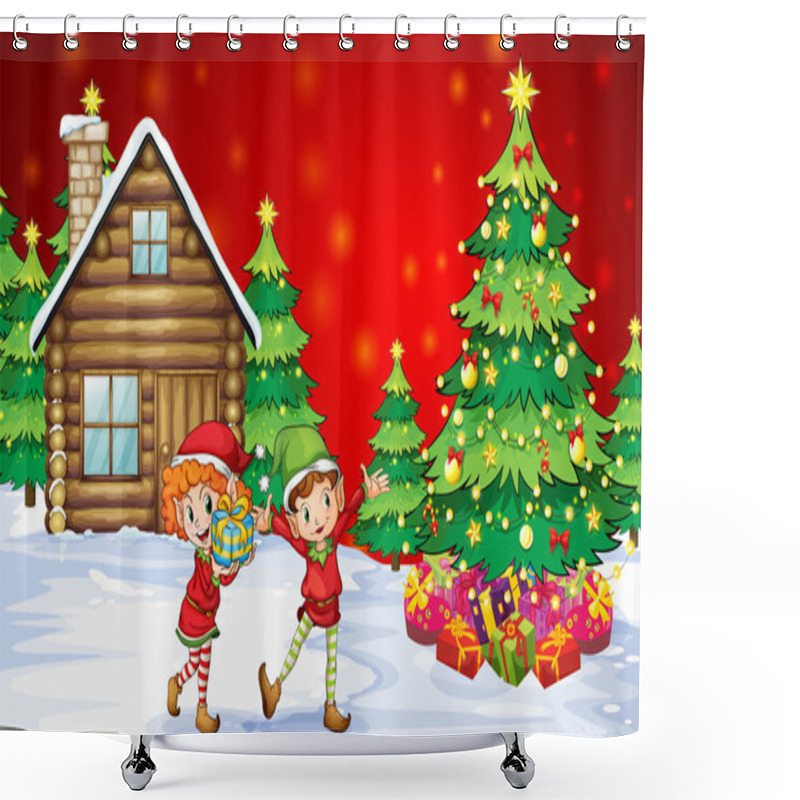 Personality  Two Playful Dwarves Near The Christmas Trees Shower Curtains